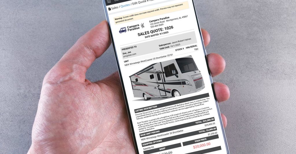 DealerRock sales quote for motorhome on phone.